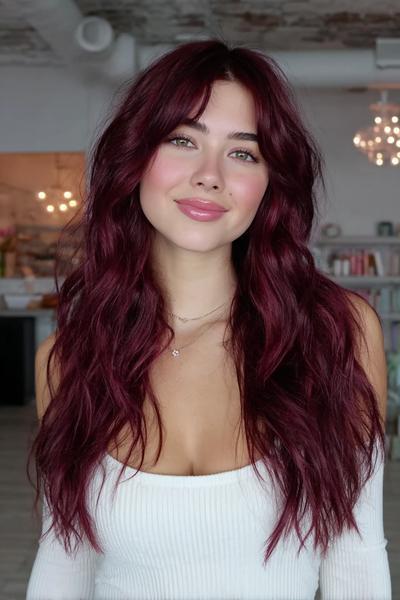 A young woman with long, wavy, dark red hair styled with soft layers and curtain fringe, wearing a white ribbed top.