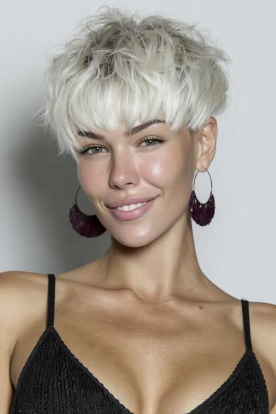 A woman with platinum blonde hair is wearing an undercut pixie hairstyle featuring textured layers on top and closely cropped sides, complemented by statement hoop earrings.