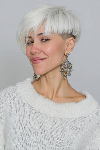 A woman with short, white hair styled in an undercut pixie haircut, featuring long, textured layers on top and closely shaved sides.