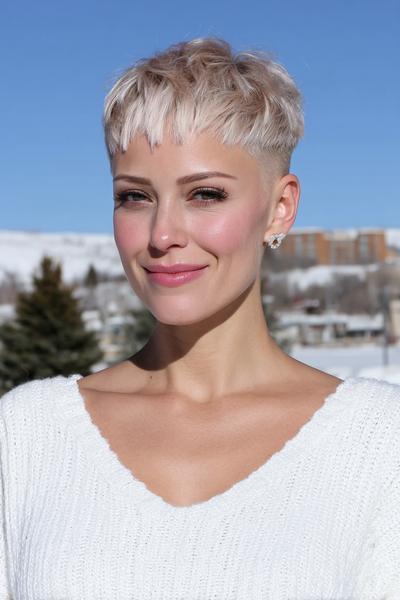 A woman with a platinum blonde undercut pixie hairstyle featuring choppy, textured fringe and closely cropped sides.