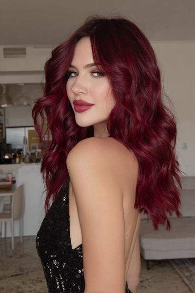 A woman with voluminous, shoulder-length, wavy dark red hair is wearing a black sequinned dress in a modern indoor setting.