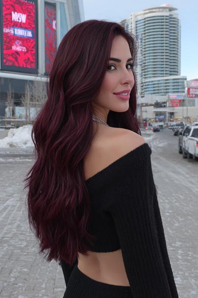 A woman with long, wavy dark red hair styled in loose waves, wearing an off-the-shoulder black top and standing outdoors in a city setting.