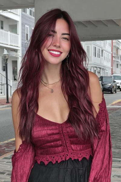 A young woman with long, wavy, dark red hair styled in loose layers, wearing a matching red top and smiling outdoors.