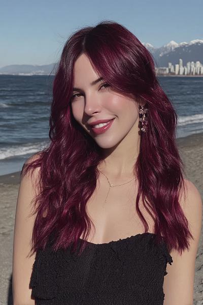 A woman with long, wavy, deep burgundy red hair is standing on a beach, wearing a black off-the-shoulder dress.