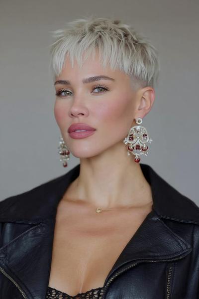 A woman with a platinum blonde undercut pixie hairstyle featuring choppy, textured layers and a longer top, wearing bold earrings and a black leather jacket.