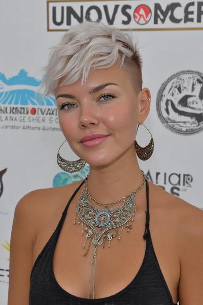 A young woman with a platinum blonde, tousled pixie cut featuring a closely shaved undercut on the sides and back.