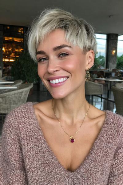A smiling woman with a short, textured undercut pixie hairstyle featuring choppy layers and a long, side-swept fringe, with platinum blonde highlights.