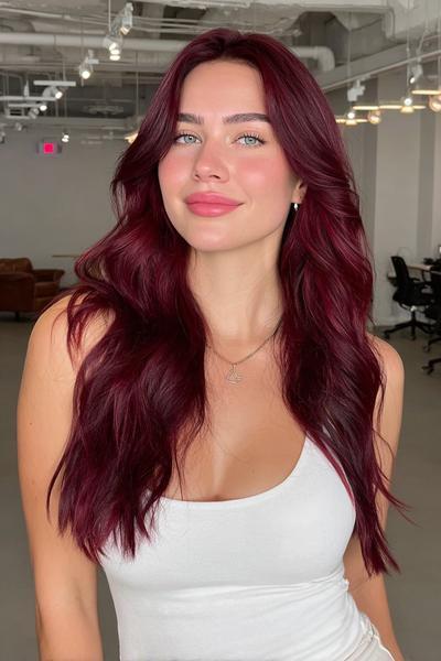 A woman with long, wavy, deep burgundy red hair styled with a centre parting is standing indoors, wearing a white sleeveless top.