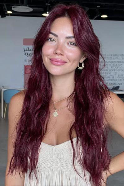 A woman with long, wavy burgundy red hair styled with a centre parting is smiling indoors.
