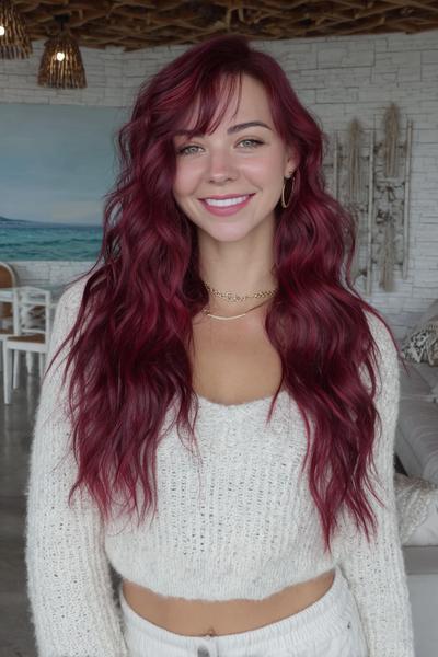 A woman with long, wavy, deep red hair styled in loose waves with a fringe, wearing a cream knitted jumper and smiling indoors.
