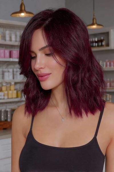 A woman with shoulder-length, wavy dark red hair styled with a centre parting is wearing a black sleeveless top in a modern salon setting.