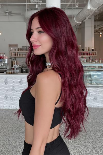 A woman with long, wavy dark red hair styled in loose waves, wearing a black crop top and standing in a modern, minimalist cafe.