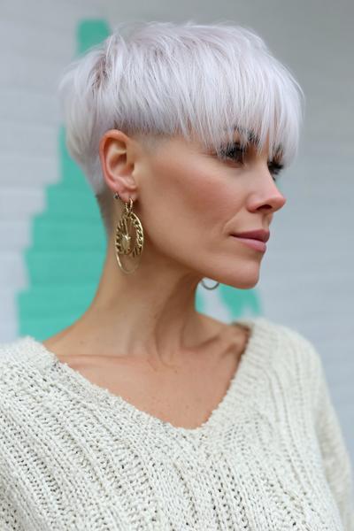 A woman with icy platinum blonde hair wears a textured undercut pixie hairstyle with long, straight fringe and closely cropped sides, styled for a modern, edgy look.