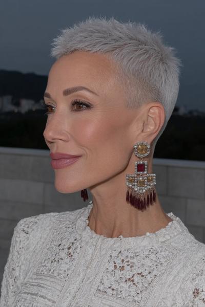 A woman with a silver-grey, closely-cropped undercut pixie hairstyle is wearing statement earrings and a textured white top.