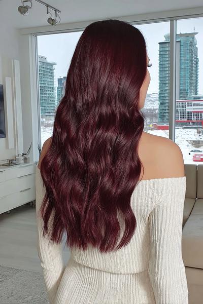 A woman with long, wavy, deep burgundy red hair is standing indoors, wearing an off-shoulder cream jumper.