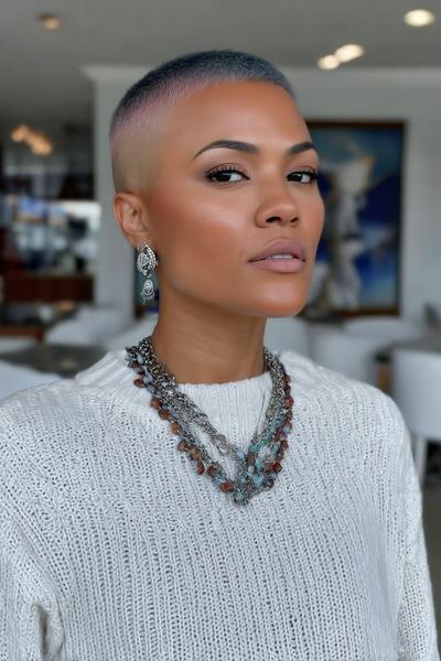A woman with an undercut pixie hairstyle featuring very short, closely-cropped hair all around, styled in a sleek and modern fashion.