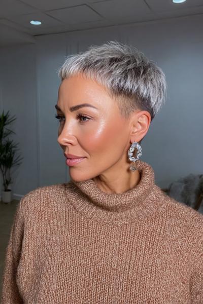 A woman with silver-grey hair styled in an undercut pixie cut, featuring closely cropped sides and back with slightly longer textured layers on top.