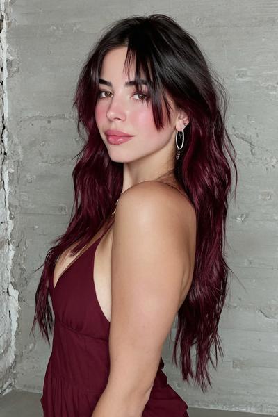A woman with long, wavy dark red hair featuring loose waves and subtle curtain bangs is posing against a textured grey wall.