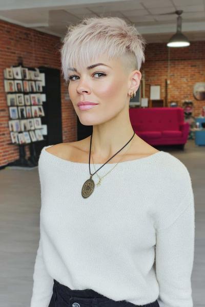 A woman with a platinum blonde undercut pixie hairstyle featuring long, textured layers on top and closely shaved sides.