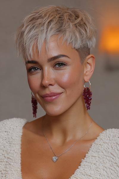 A woman with platinum blonde hair styled in a textured undercut pixie cut, featuring longer choppy layers on top and closely shaved sides.
