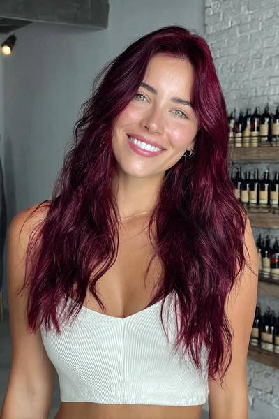 A smiling woman with long, wavy, dark red hair is wearing a white crop top in a modern salon setting.