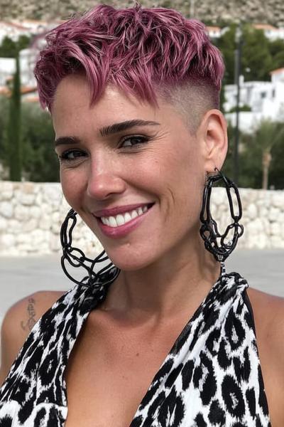 A woman with a textured, bright pink pixie cut featuring a closely shaved undercut on the sides and back.