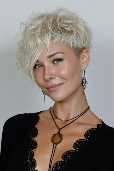 A woman with platinum blonde hair styled in a textured undercut pixie cut with long, tousled layers on top and closely cropped sides.