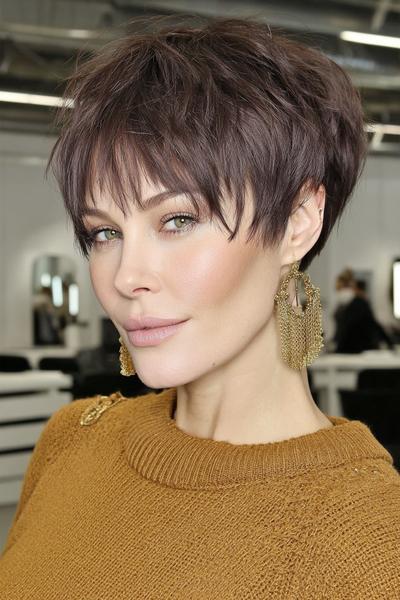 A woman with a textured undercut pixie hairstyle featuring choppy layers and longer fringe on top, styled in a modern, tousled look.
