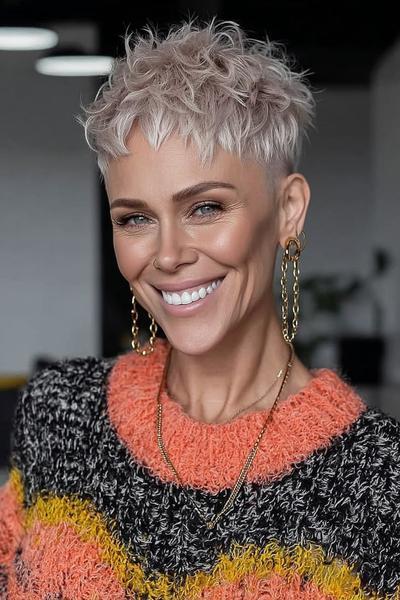 A woman has a tousled platinum blonde pixie cut with an undercut, featuring textured layers on top and closely cropped sides.