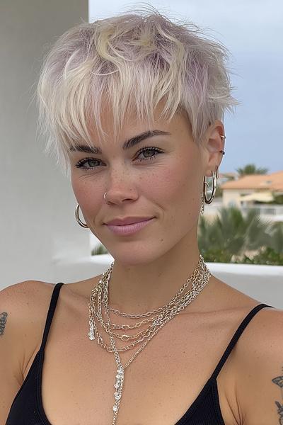 A woman with an undercut pixie hairstyle featuring choppy, textured platinum blonde hair with darker roots, styled in a tousled, slightly messy look.
