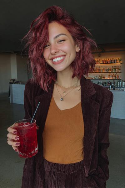 A young woman with shoulder-length, wavy deep red hair is smiling while holding a drink, her hairstyle styled in loose, tousled waves with a side parting.
