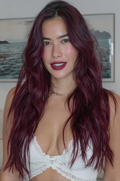A woman with long, wavy deep burgundy red hair is styled in loose layers, wearing a white lace top.