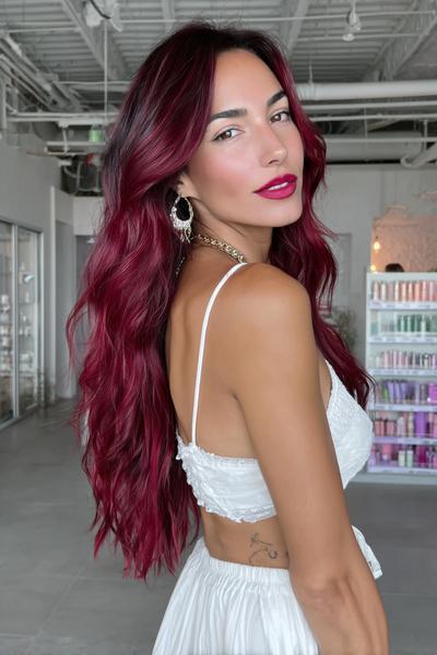 A woman with long, wavy, vibrant red hair is wearing a white top and gold hoop earrings in a modern, brightly lit salon.
