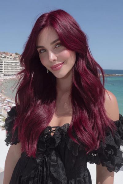 A woman with long, wavy deep red hair styled in loose layers is standing outdoors by the seaside, wearing an off-the-shoulder black dress.