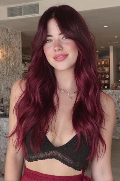 A woman with long, wavy, deep red hair styled with soft layers and curtain fringe.