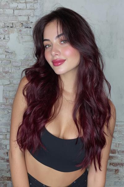 A woman with long, wavy, dark red hair is wearing a black crop top and standing in front of a light brick wall.