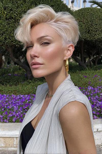 A woman with an undercut pixie hairstyle features closely cropped sides and back, with longer, softly waved platinum blonde hair swept over the top.